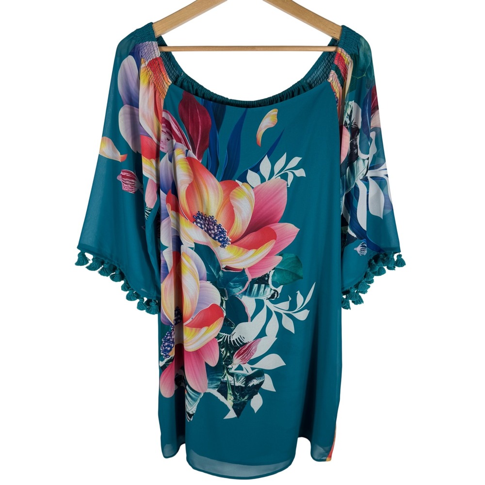 Trina Turk Tropical Floral Tunic Dress Womens L Tassel Trim Off Shoulder